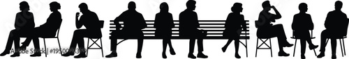 Array of silhouettes of people sitting on benches and chairs in a linear composition against a white backdrop