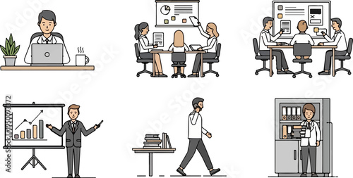 Business professionals in office settings, collaborating and presenting data