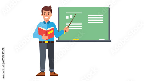 Animated Lecturer: A smiling male educator, standing confidently with a book in hand, presents educational material at a green chalkboard, capturing the essence of teaching and learning.