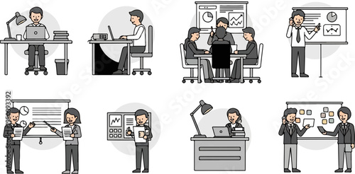 Business people in various office settings, from solo work to meetings