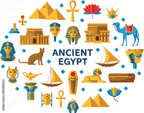 Ancient Egypt symbols collection with pyramids pharaoh camel ankh sphinx sarcophagus and historical culture vector illustration