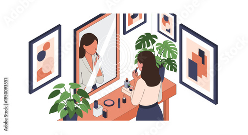 Elegant woman applying makeup while looking in a large mirror in a stylishly decorated room with indoor plants and art.