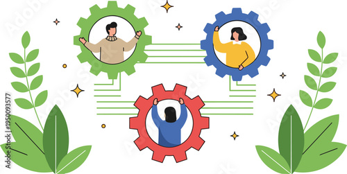 Teamwork collaboration concept with people inside gears connected workflow cooperation business process vector illustration