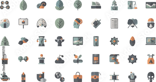Collection of diverse flat icons representing nature, technology, and objects