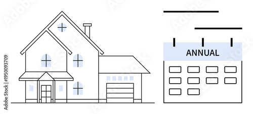 Family home with windows, chimney, and garage beside annual calendar. Ideal for real estate, homeownership, scheduling, rental management, mortgage planning, financial organization time management