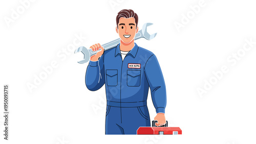 Mechanic Ready to Work: A skilled mechanic, equipped with a wrench and toolbox, embodies expertise and readiness, portraying dedication in the field of repair and maintenance. 