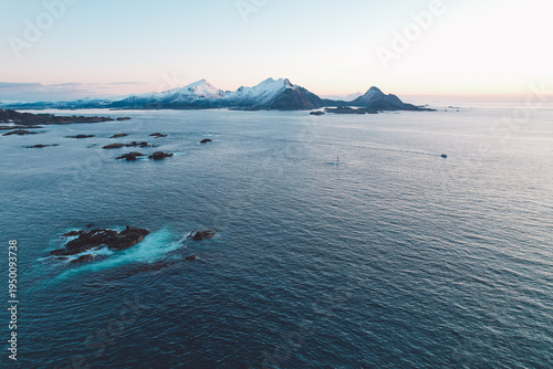 Aerial view of winter landscape in the evening in Lofoten Islands