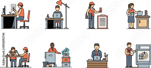 Diverse group of individuals engaged in office and project work with technology and documents