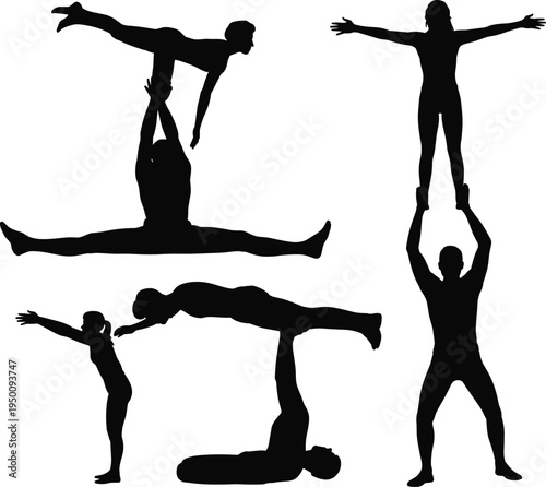 Diverse acrobatic silhouettes showcasing human balance strength and teamwork in dynamic poses against a white background