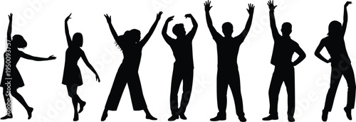 Collection of eight diverse individuals in energetic silhouettes showcasing a range of joyful and celebratory poses on a white canvas