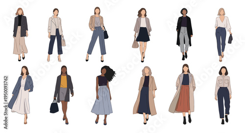 Twelve diverse women walking and posing in a wide variety of fashionable contemporary outfits, trends, and urban styles.