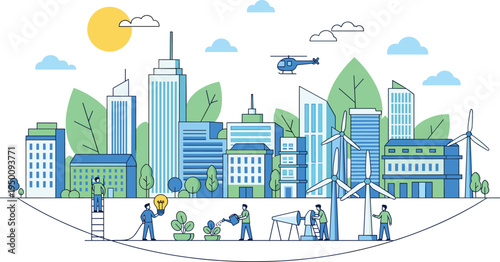 Sustainable smart city with renewable energy wind turbines green buildings people and urban eco technology vector illustration