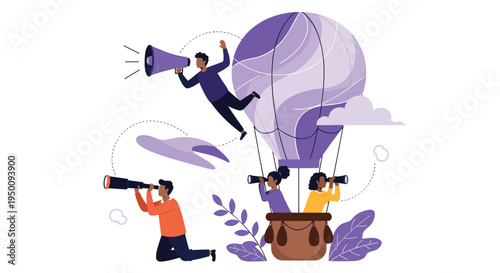 Team of people in a large hot air balloon using binoculars and a megaphone for discovery and communication.