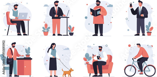 Diverse individuals engaged in various activities work, reading, leisure, and exercise