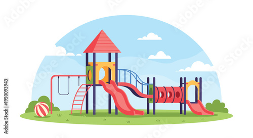 Colorful children's playground equipment including slides, swings, and climbing structures on a green lawn in a public park.
