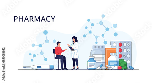 Professional healthcare worker at a pharmacy counter assisting a patient with various medications and medical tools.