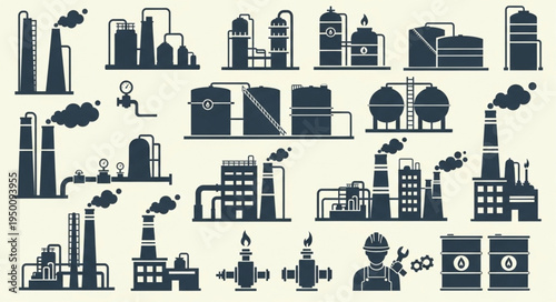 Silhouetted Industrial Plant and Factory Icons Collection.