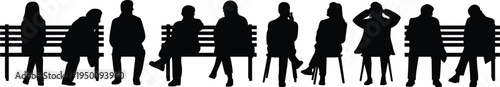 Diverse group of people in silhouette standing and sitting on benches and chairs in a linear arrangement