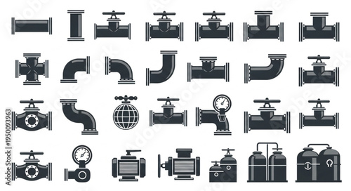 Collection of Various Pipe and Valve Icons in Black Silhouette.