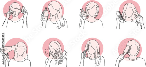 Woman skincare routine steps with facial cleansing mask serum moisturizer beauty treatment line art vector illustration set
