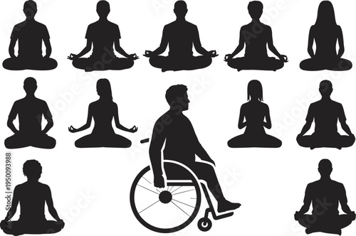 Diverse group of people in silhouette meditating in lotus pose with one person in a wheelchair demonstrating inclusivity in yoga practice