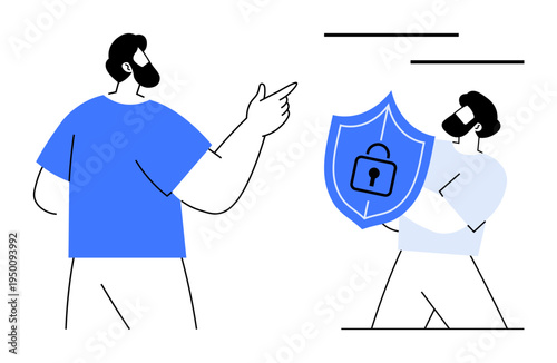 Cybersecurity, digital safety, online security, data protection, internet privacy, digital identity. A person holding a shield with a lock symbol, another pointing. Cybersecurity and data protection