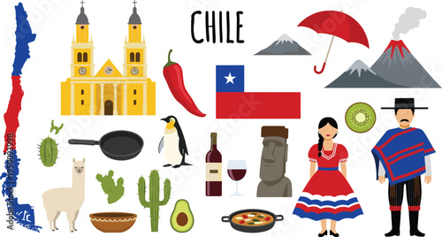 Chile culture symbols set with national flag map traditional costume landmarks food and wildlife vector illustration