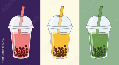 Assorted bubble tea drinks in three different colors and flavors served in takeaway plastic cups with wide straws and tapioca pearls.