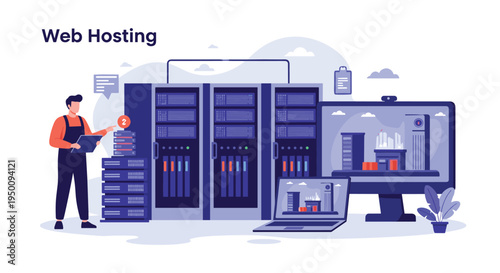 Web hosting concept illustration featuring a technician managing server racks with data storage and digital network infrastructure on screens.
