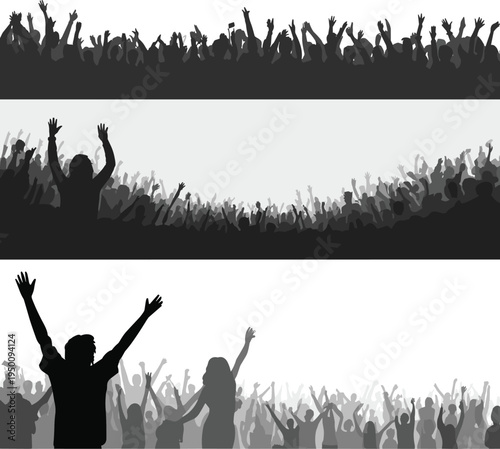 Dynamic silhouette of a cheering crowd with hands raised in celebration at a concert or sporting event