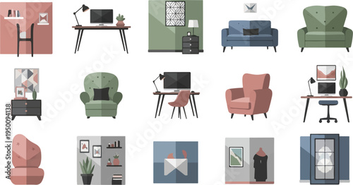 Cozy home office and living room elements desks, chairs, sofas, and decor