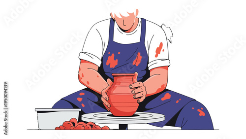 Creating Ceramic Art: An artisan is diligently forming a clay pot on a pottery wheel, a testament to skill and craftsmanship. the scene is set to emphasize hands-on creation and the allure of art