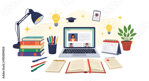 Organized student study desk featuring a laptop for online learning, stacks of books, a desk lamp, and various stationery items for education.