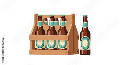 Six pack of craft beer bottles organized in a rustic wooden carrier crate for storage and transportation of alcoholic beverages at a bar.