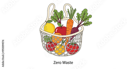 Zero waste lifestyle concept featuring a reusable mesh shopping bag filled with fresh organic vegetables and fruits to reduce plastic use.