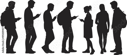 Diverse group of young adults silhouetted against a white background each engrossed in their mobile phones