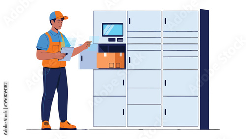 Smart Parcel Delivery: A delivery worker interacting with a smart locker system, ensuring secure and efficient parcel delivery, showcasing the ease and modern logistics.