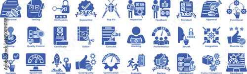 Quality assurance icon set including compliance, monitoring, validation, efficiency, workflow, process, system, metrics, checklist and reliability