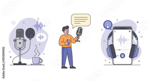 Podcast production concept featuring professional microphone equipment, a host recording content, and a mobile app interface with audio waves.