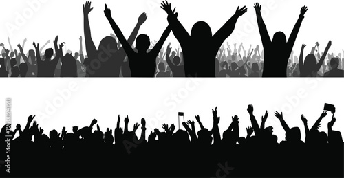 Energetic crowd of people with raised hands celebrating at a concert or event against a white background