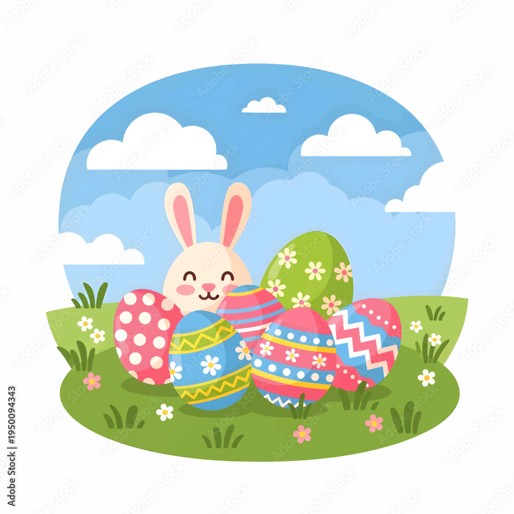 Fototapeta premium Easter bunny surrounded by colorful decorated eggs on grass with flowers under sunny sky
