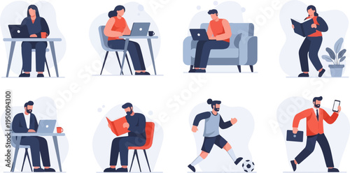 Diverse individuals engaged in various daily activities, work, leisure, and sport