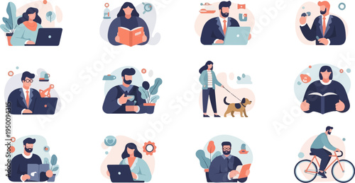 Diverse individuals engaged in various daily activities, work, and leisure