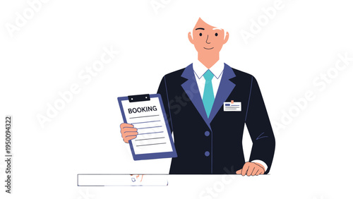 Booking Service Representative: A professional booking service representative presents a clipboard with booking form, exuding helpfulness and reliability. He stands as a symbol of efficient service.