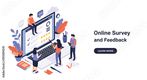 Online survey and feedback concept with diverse people interacting with a large laptop screen to provide five star reviews for business growth.