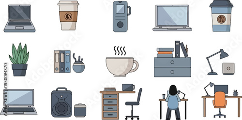 Collection of office supplies, digital devices, and coffee cups