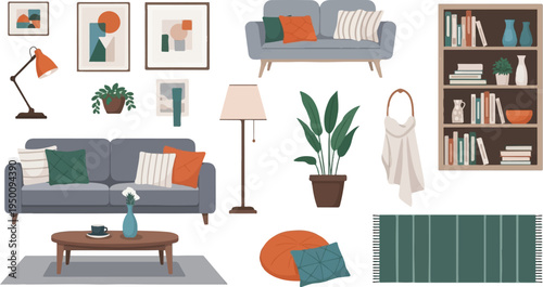Cozy living room scene with furniture, plants, and wall art