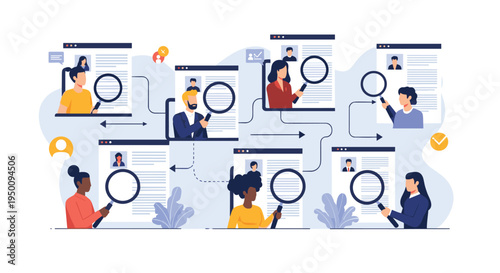 Comprehensive recruitment and talent acquisition process with human resources professionals reviewing candidate profiles using magnifying glasses.