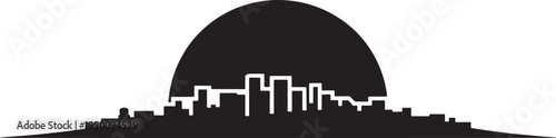 Black silhouette cityscape with large setting sun or moon vector illustration graphic design element