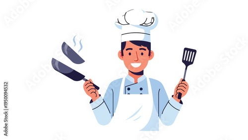 Culinary Expertise: A chef's skillful technique and passion for the culinary arts. A cook gracefully tosses a pan while smiling in this animated capture.